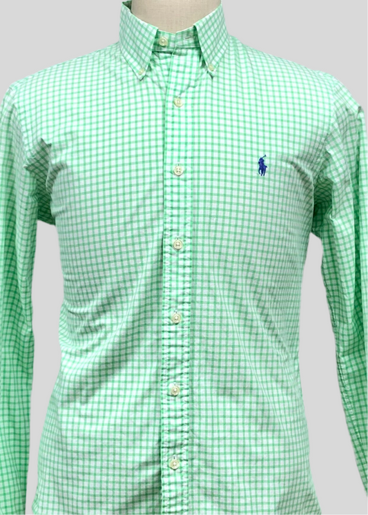 Camisa Polo Ralph Lauren 🏇🏼 Color blanco con patron de cuadros en color verde Talla S Entalle Slim Fit