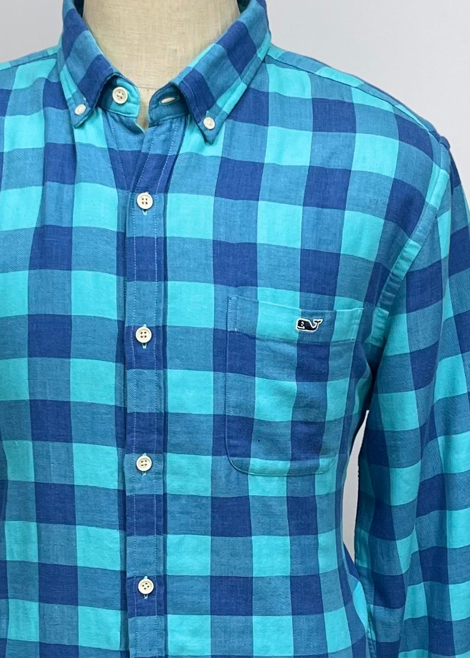 Camisa de botones Vineyard Vines 🐳 con patrón de cuadros en color azul y turquesa Talla M Entalle Slim Fit