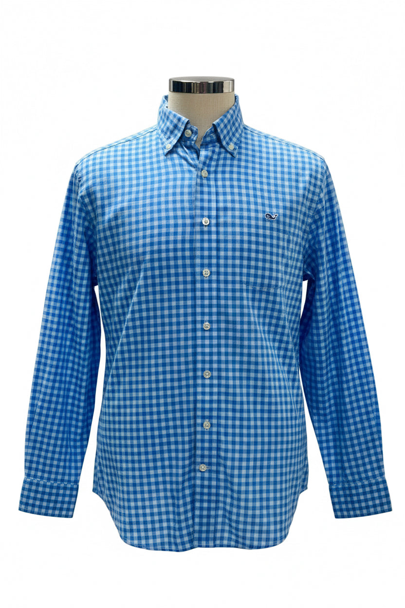 Camisa de botones Vineyard Vines 🐳 de cuadros gingham en color celeste y azul Talla M Entalle Slim Fit