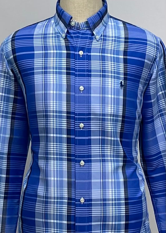 Camisa Polo Ralph Lauren 🏇🏼 Performance con patrón de cuadros tartán azul, celeste y blanco Talla L Entalle Clasico