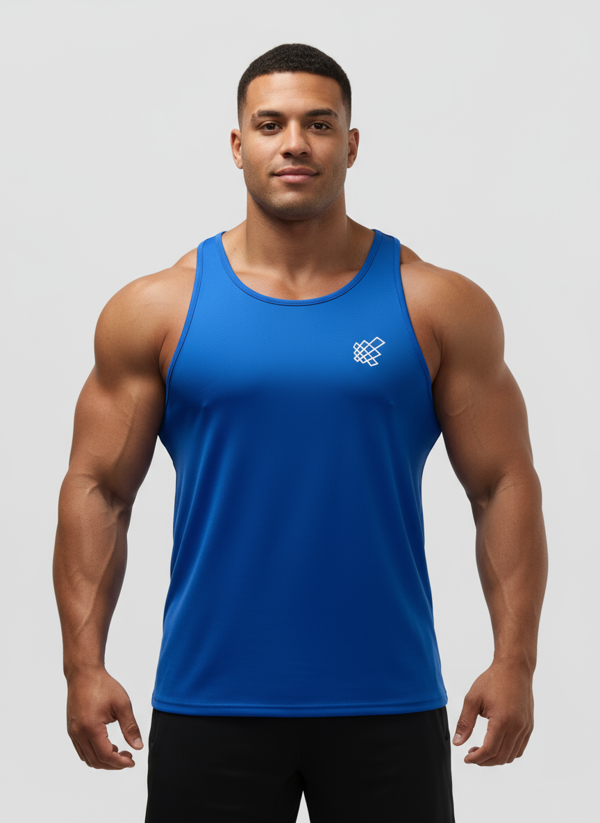 Camiseta de entrenamiento sin mangas Jed North  🏋🏽 color azul y logo en blanco Talla XL