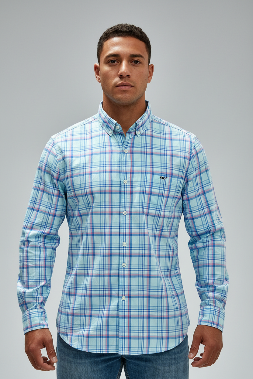 Camisa de botones Vineyard Vines 🐳 de cuadros en color rosado y celeste Talla M Entalle Slim Fit