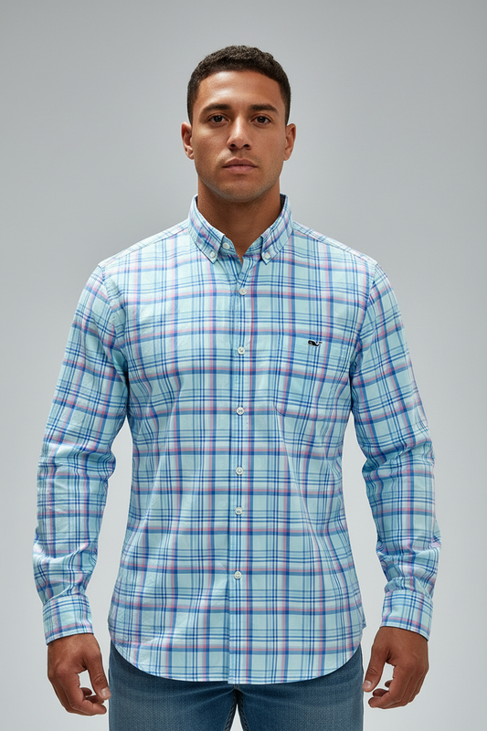 Camisa de botones Vineyard Vines 🐳 de cuadros en color rosado y celeste Talla M Entalle Slim Fit