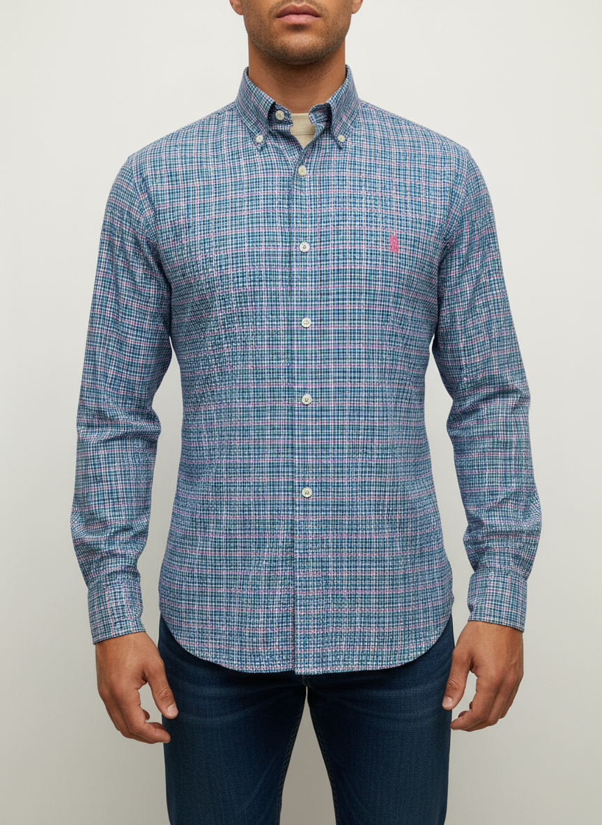 Camisa Polo Ralph Lauren 🏇🏼 color blanco con patron de cuadros rosado, verde y azul Talla M Entalle Regular