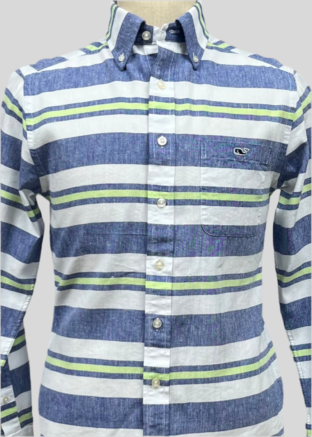 Camisa de botones Vineyard Vines 🐳 De Lino color Blanco con patrón de rayas en azul y verde Talla S Entalle Slim Fit