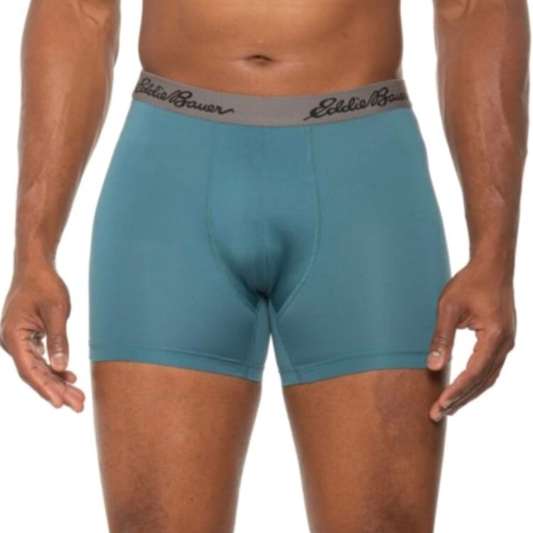 Paquete de 4 Calzoncillos tipo Boxer marca Eddie Bauer Microfibra - Tela dry-fit en color negro, azul, esmeralda y gris Talla S y L