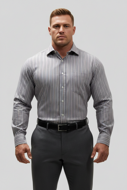 Camisa de botones Michael Kors 🇺🇸 color morado con rayas en blanco y negro Talla L Entalle Regular