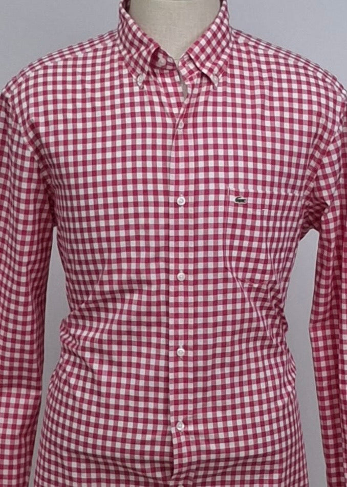 Camisa Lacoste 🐊 con patron de cuadros gingham rosado y blanco Talla L Entalle Regular