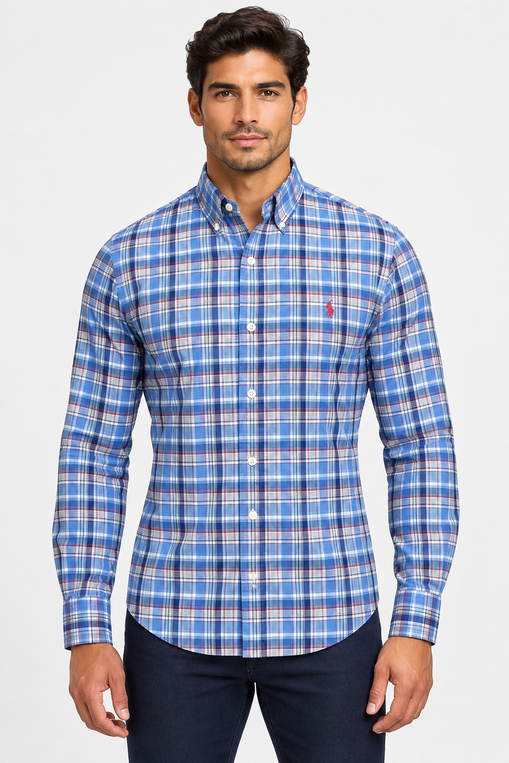 Camisa Polo Ralph Lauren 🏇🏼 con patrón de cuadros tartán azul, celeste y blanco Talla M Entalle Regular