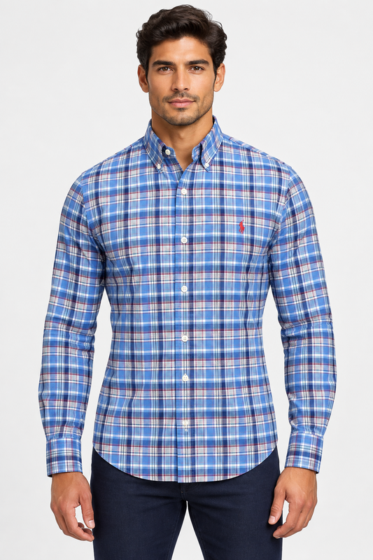 Camisa Polo Ralph Lauren 🏇🏼 con patrón de cuadros tartán azul, celeste y blanco Talla M Entalle Regular