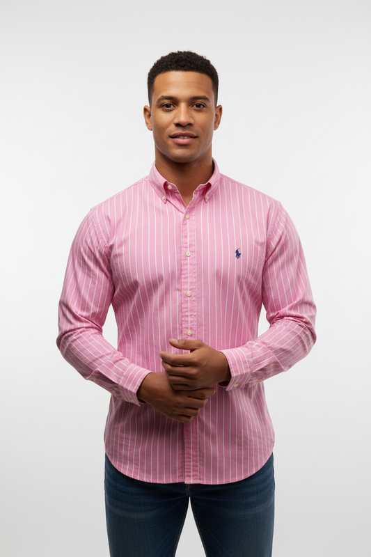 Camisa Polo Ralph Lauren 🏇🏼 de rayas en color rosado y blanco Talla L Entalle Regular