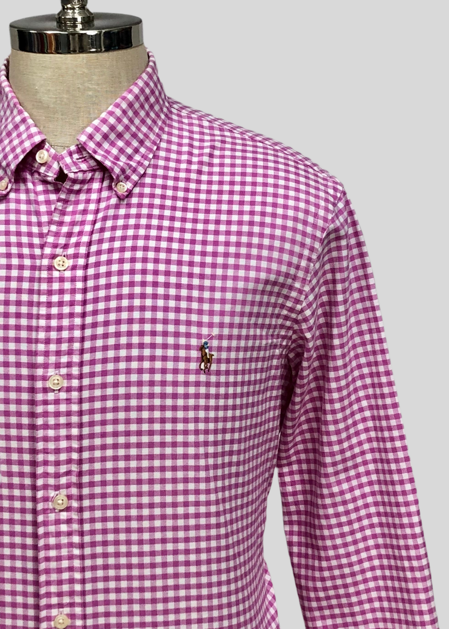 Camisa Polo Ralph Lauren 🏇🏼 Oxford con patron de cuadros gingham rosado intenso y blanco Talla L Entalle Regular