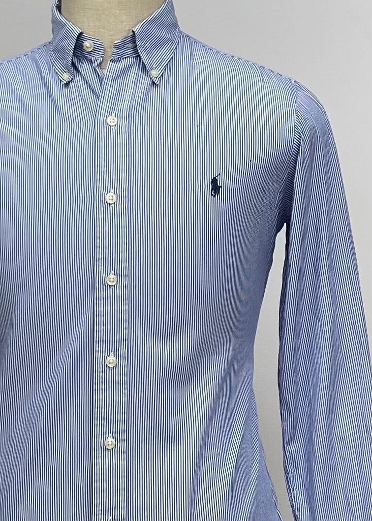 Camisa Polo Ralph Lauren 🏇🏼 con patron de finas rayas azul y blanco Talla S Entalle Regular (ver descripción)