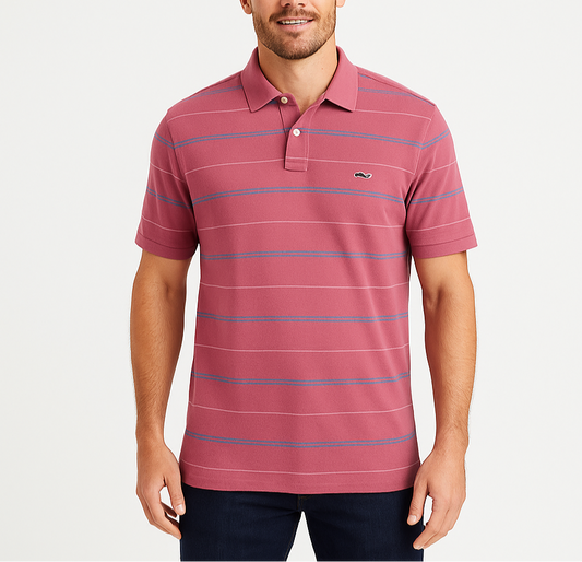 Camiseta Polo Vineyard Vines 🐳 color rosado magenta con rayas en color azul y blanco Talla L Entalle Regular