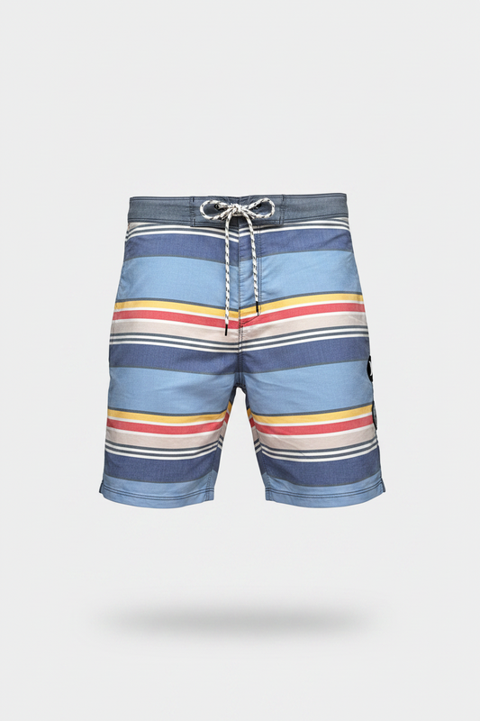 Short de baño Hurley 🏄🏽‍♂️ color celeste con franjas en amarillo, rojo y crema talla M