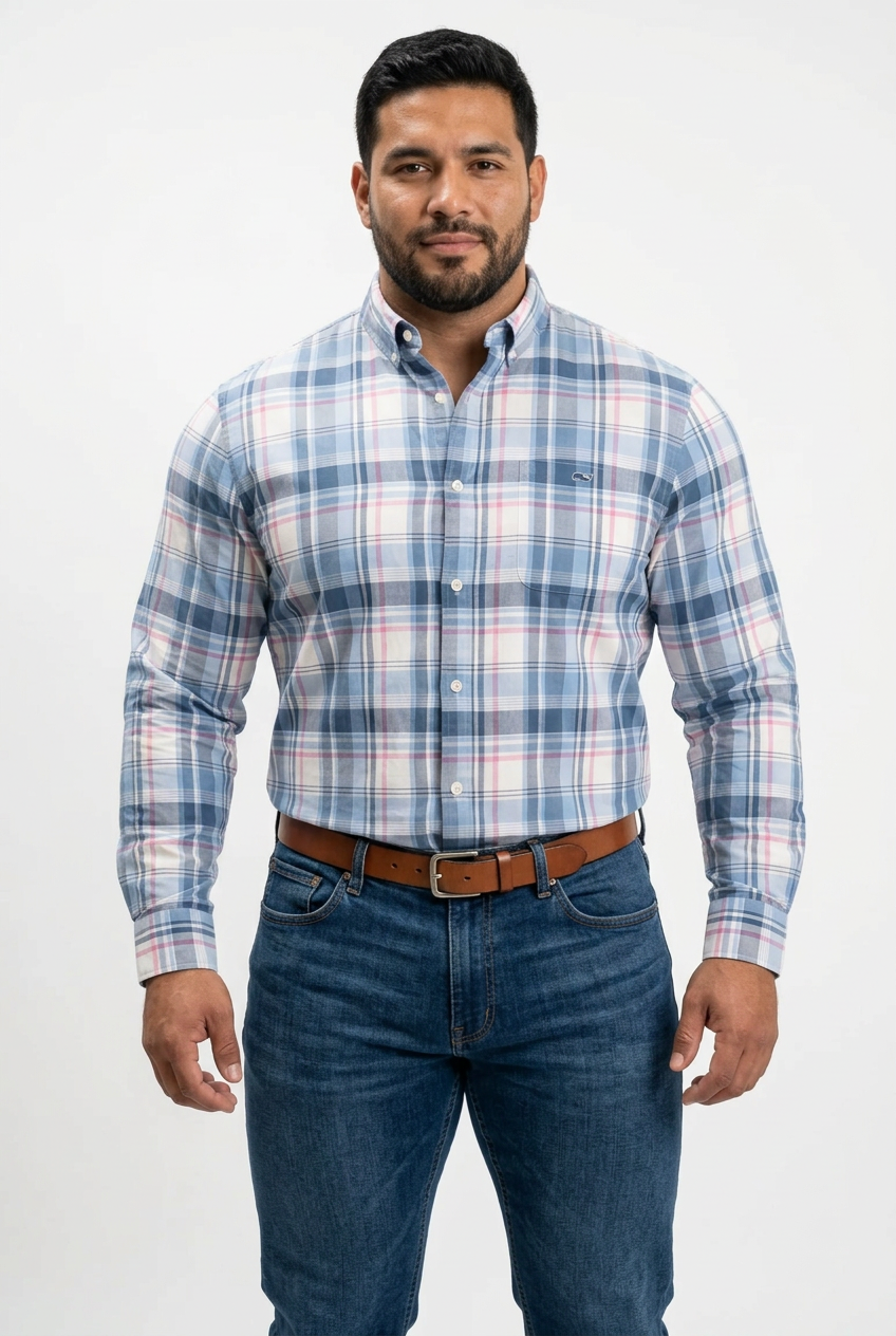 Camisa de botones Vineyard Vines 🐳 color blanco de cuadros en color celeste, azul y rosado Talla L Entalle Slim Fit