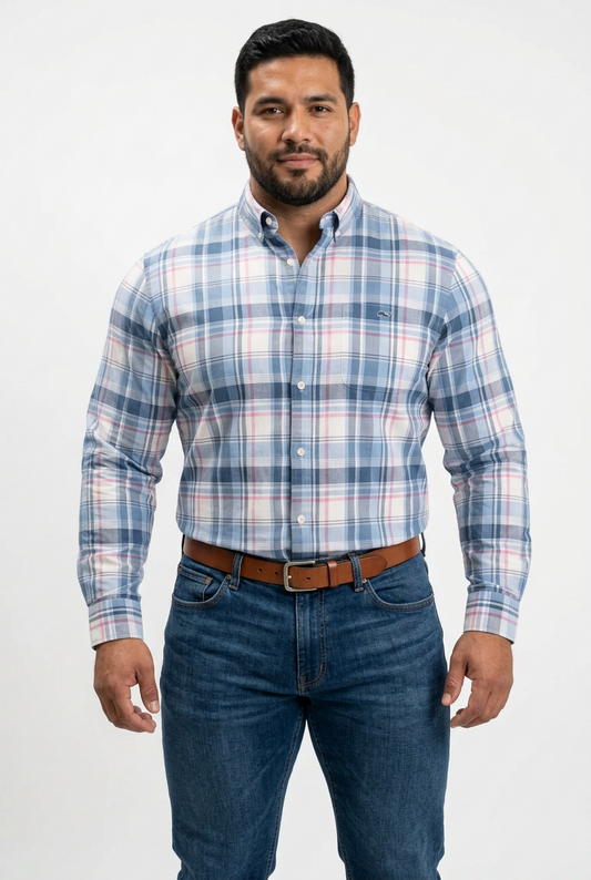 Camisa de botones Vineyard Vines 🐳 color blanco de cuadros en color celeste, azul y rosado Talla L Entalle Slim Fit