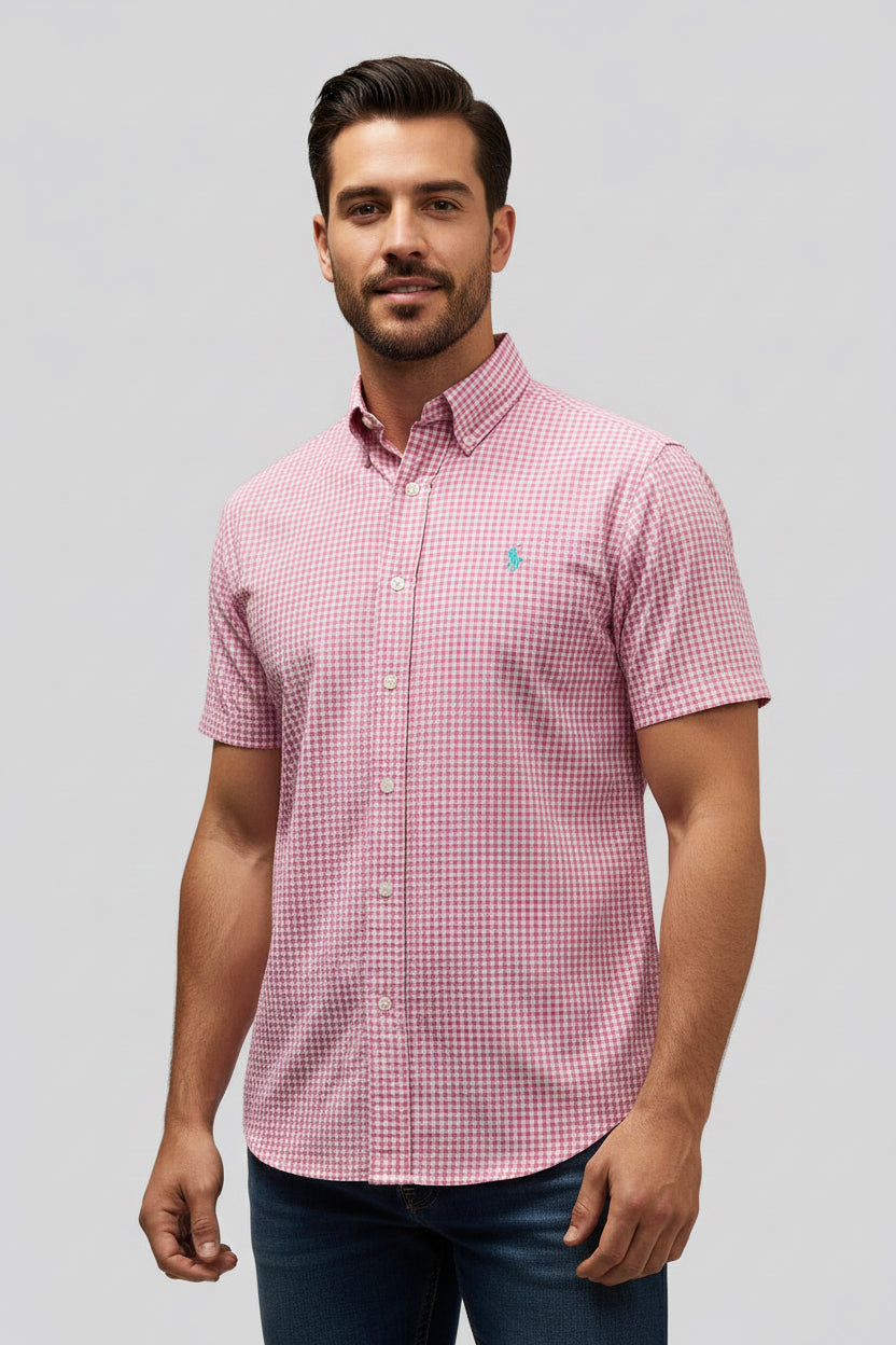 Camisa Polo Ralph Lauren 🏇🏼 Seersucker de cuadros en rosado y blanco Talla M Entalle Regular