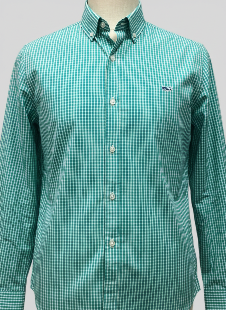 Camisa Vineyard Vines 🐳 con patrón de cuadros gingham en color verde esmeralda y blanco Talla S Entalle Slim Fit