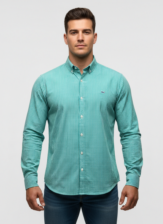 Camisa Vineyard Vines 🐳 con patrón de cuadros gingham en color verde esmeralda y blanco Talla S Entalle Slim Fit