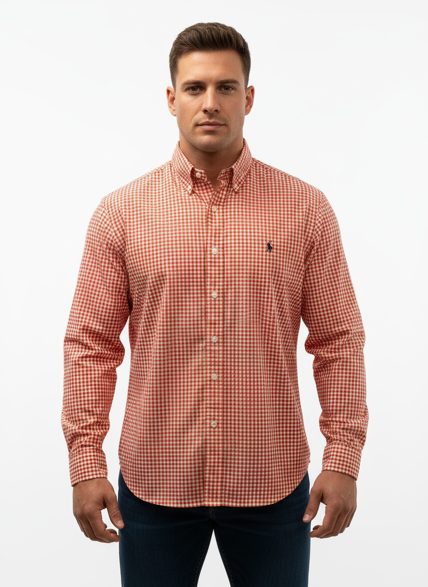 Camisa de botones Polo Ralph Lauren 🏇🏼 con patron de cuadros gingham naranja y blanco Talla XL Entalle Clásico