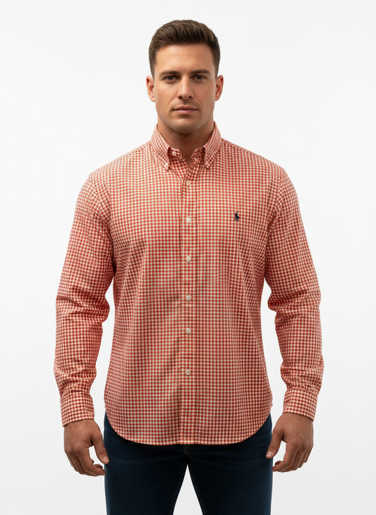 Camisa de botones Polo Ralph Lauren 🏇🏼 con patron de cuadros gingham naranja y blanco Talla XL Entalle Clásico