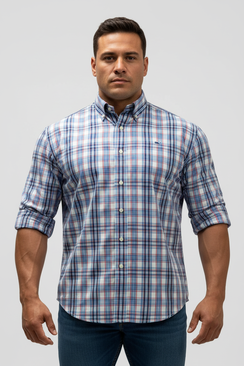 Camisa de botones Vineyard Vines 🐳 color blanco con patrón de cuadros en color rosado, azul y celeste Talla XL Entalle Regular