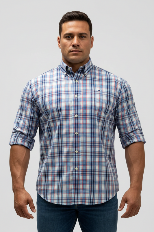 Camisa de botones Vineyard Vines 🐳 color blanco con patrón de cuadros en color rosado, azul y celeste Talla XL Entalle Regular