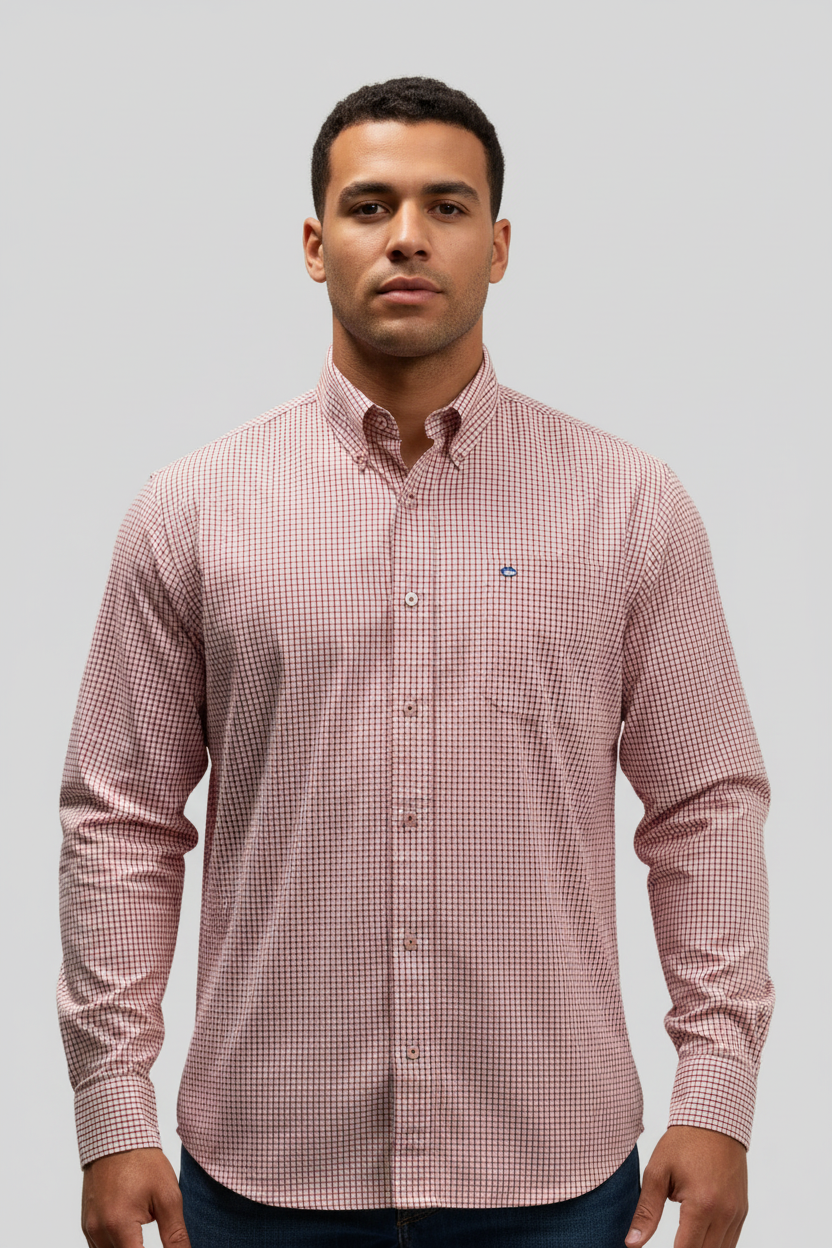 Camisa de botones Southern Tide  🐟 Con patron de cuadros en color rojo y blanco Talla M Entalle Regular