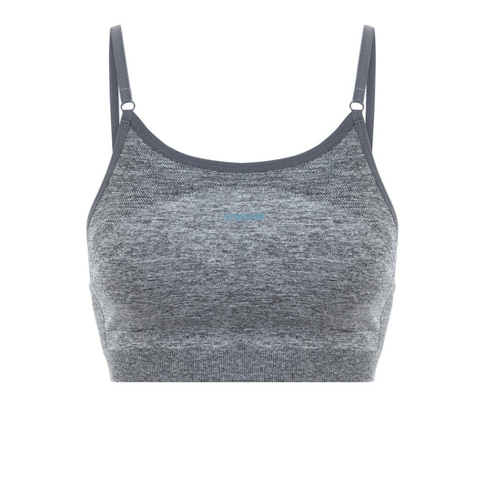 Sujetador de tiras deportivo de mujer Gymshark Performance en color gris con logo en azul Talla S