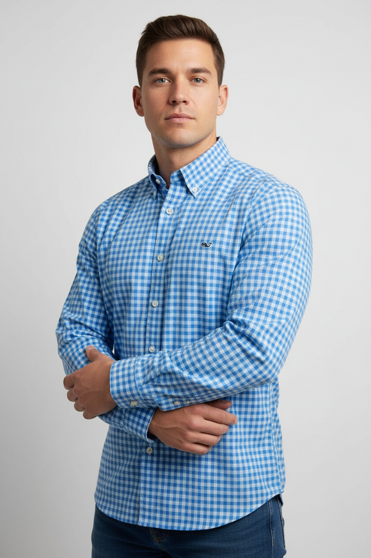 Camisa de botones Vineyard Vines 🐳 de cuadros gingham en color celeste y azul Talla M Entalle Slim Fit