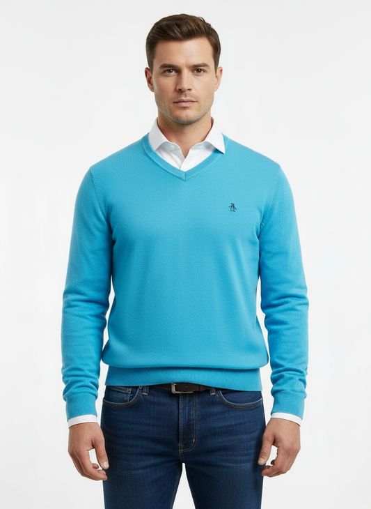 Sueter Jersey con cuello V Original Penguin 🐧  color azul claro Talla M
