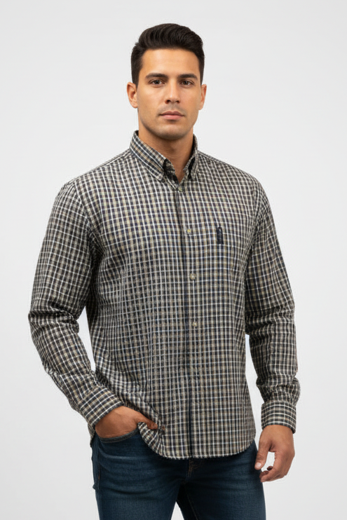 Camisa de botones Columbia 🔹 con patrón de cuadros en color azul, kaki y blanco Talla L