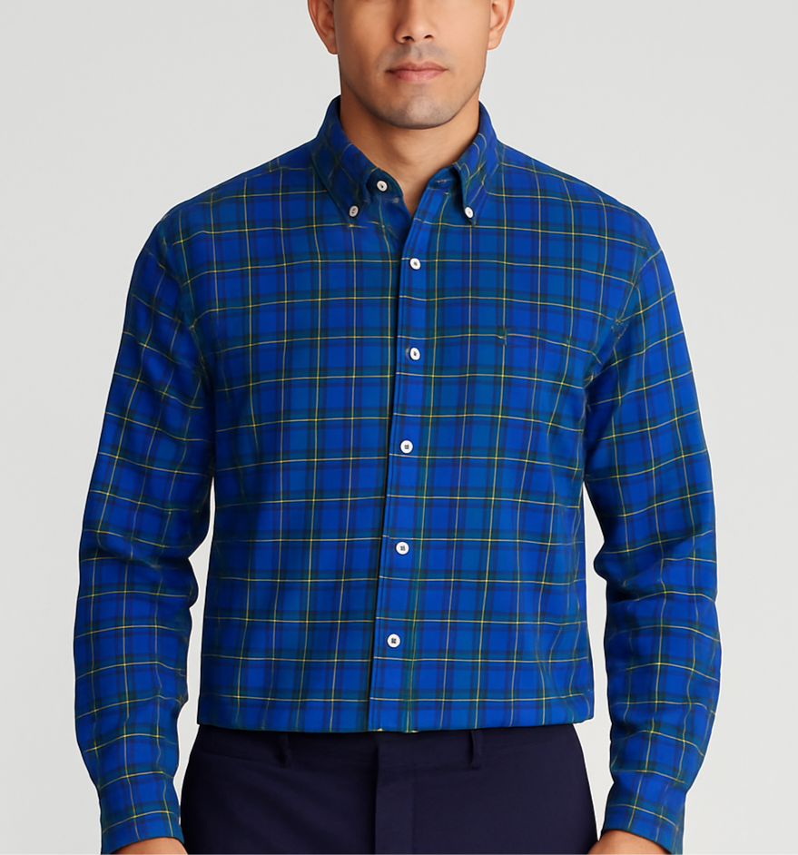 Camisa Polo Ralph Lauren 🏇🏼 color azul con patron de cuadros amarillo y verde Talla L Entalle Custom Fit