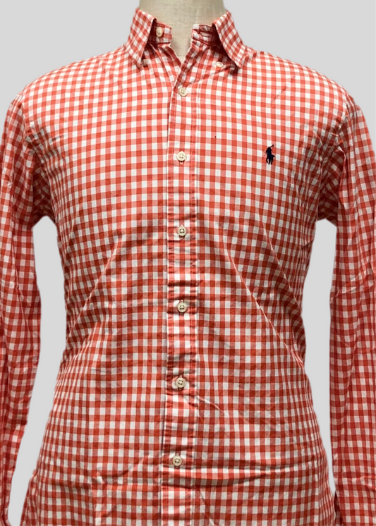 Camisa Polo Ralph Lauren 🏇🏼 con patron de cuadros gingham naranja y blanco Talla M Entalle Custom Fit