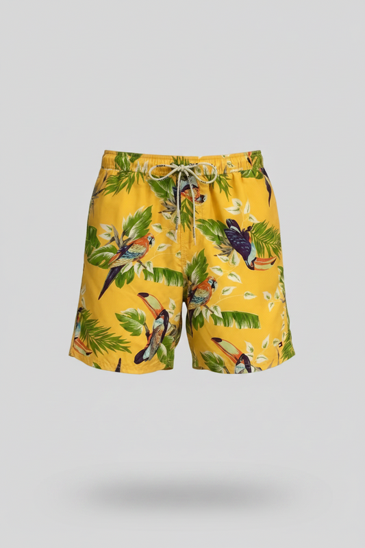 Short de baño Tommy Hilfiger 🇺🇸 en color amarillo con diseño de tropical talla M