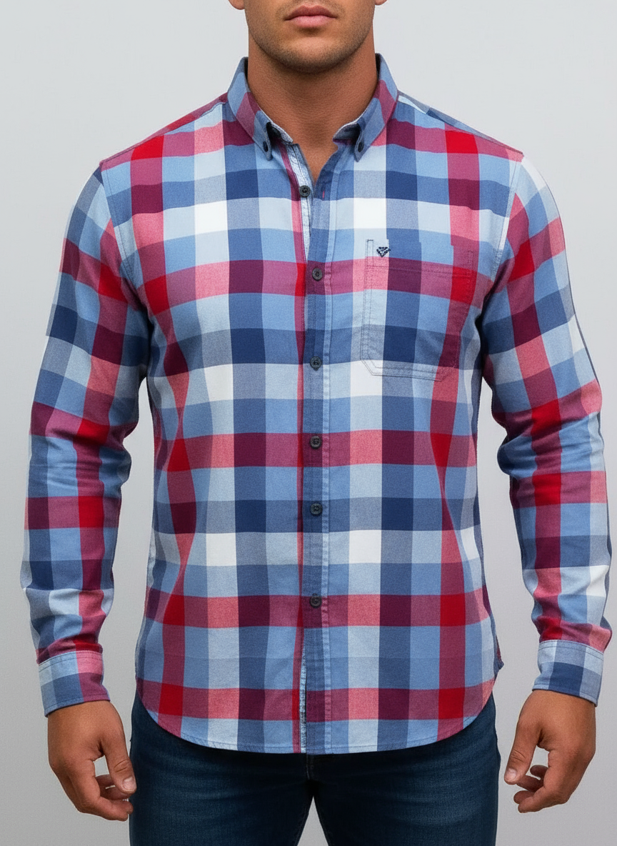 Camisa Columbia 🔹 Con patrón de cuadros en color rojo, azul y blanco Talla XXL