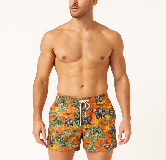 Short de baño Polo Ralph Lauren 🏇🏼color naranja con diseño tropical y logo bordado en color verde talla L