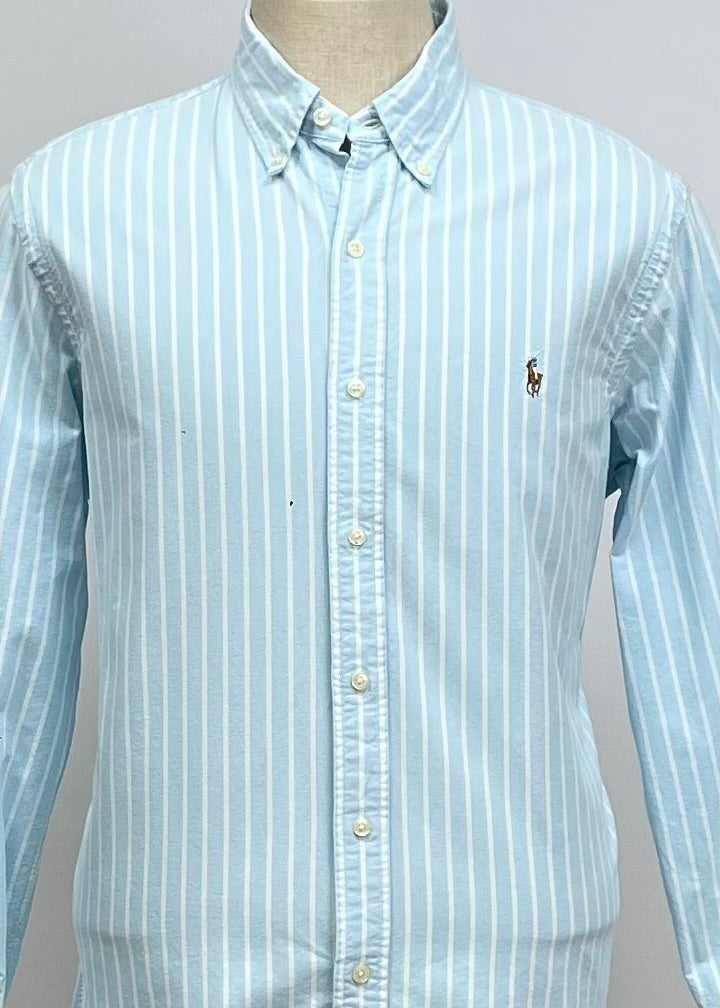 Camisa Polo Ralph Lauren 🏇🏼 Oxford color turquesa claro con rayas en color blanco Talla L Entalle Regular (ver descripción)