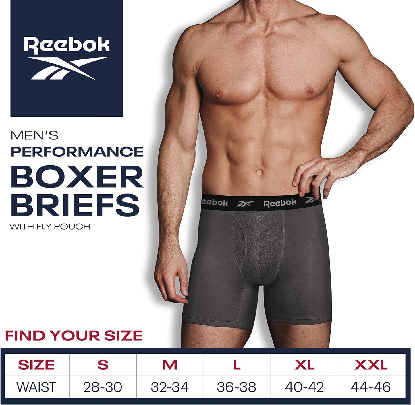 Combo de 4 Boxers Briefs Reebok Tela Performance en color gris, azul, azul navy y estampado Talla M