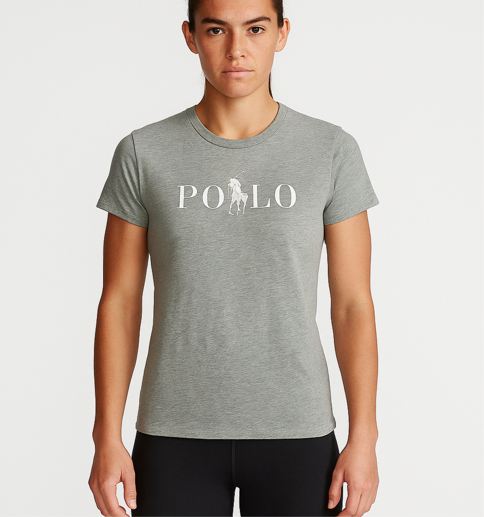 Camiseta cuello redondo de mujer Polo Ralph Lauren 🏇🏼 color gris claro con diseño de logo en letras en color blanco Talla S Entalle Regular