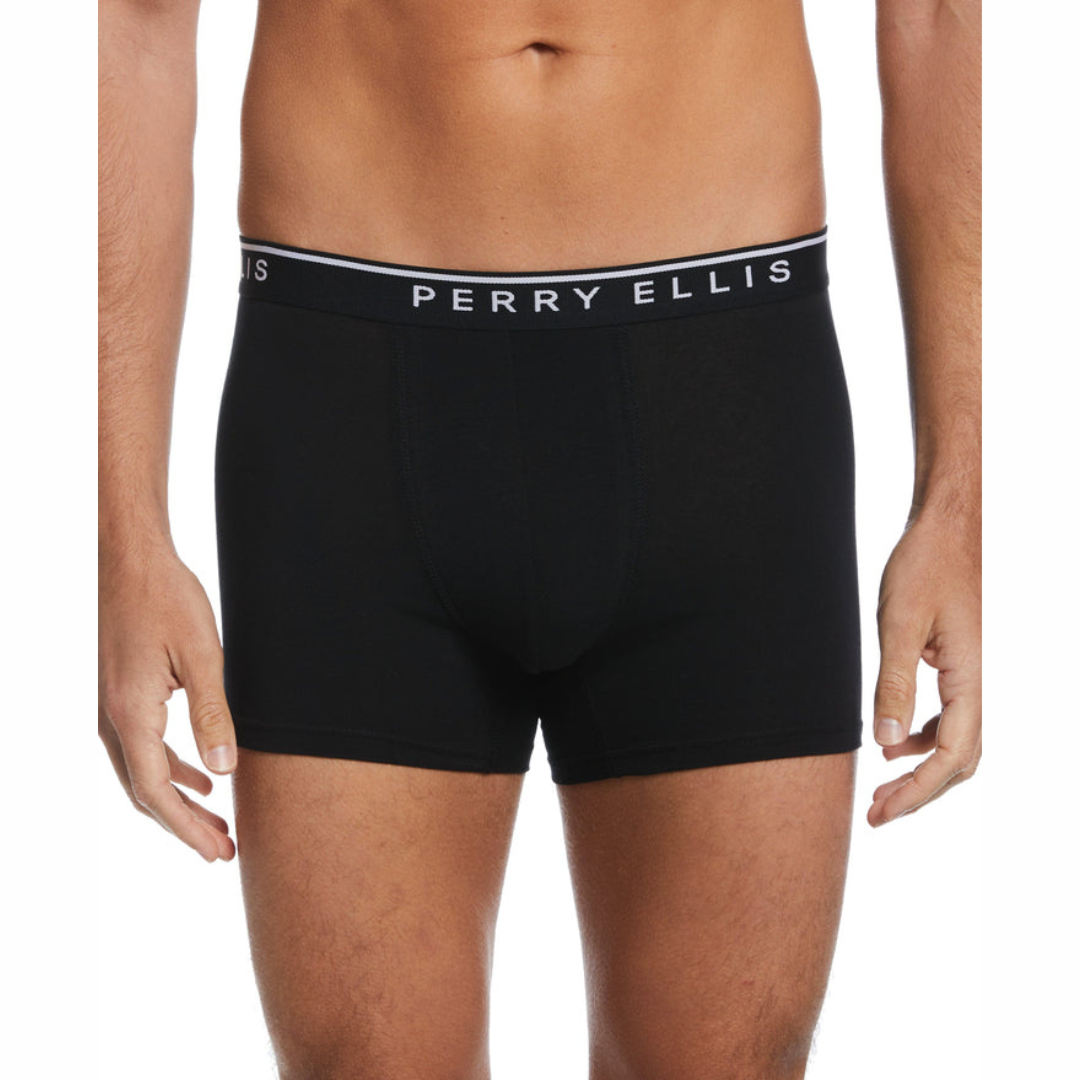 Paquete de 4 Boxer Perry Ellis Tela de microfibra con patrón en color negro, gris, rojo y celeste Talla M