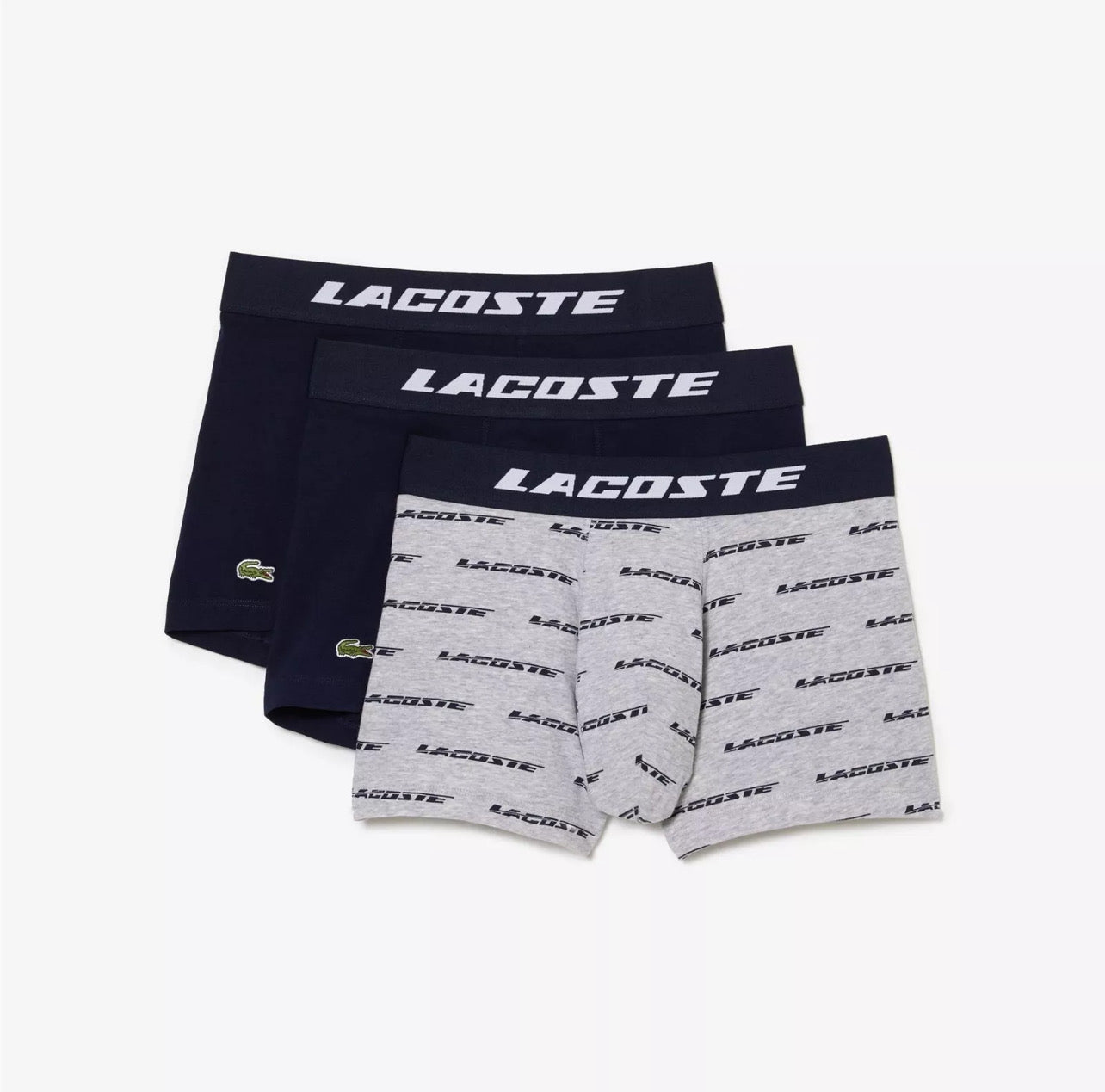 Paquete de 3 Boxer Briefs Lacoste 🐊 Tela algodón stretch color gris y negro Talla S