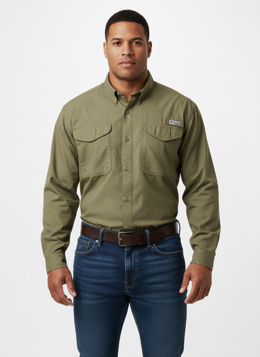 Camisa Columbia 🔹 Modelo Super Bonehead color kaki oscuro Manga larga Talla L