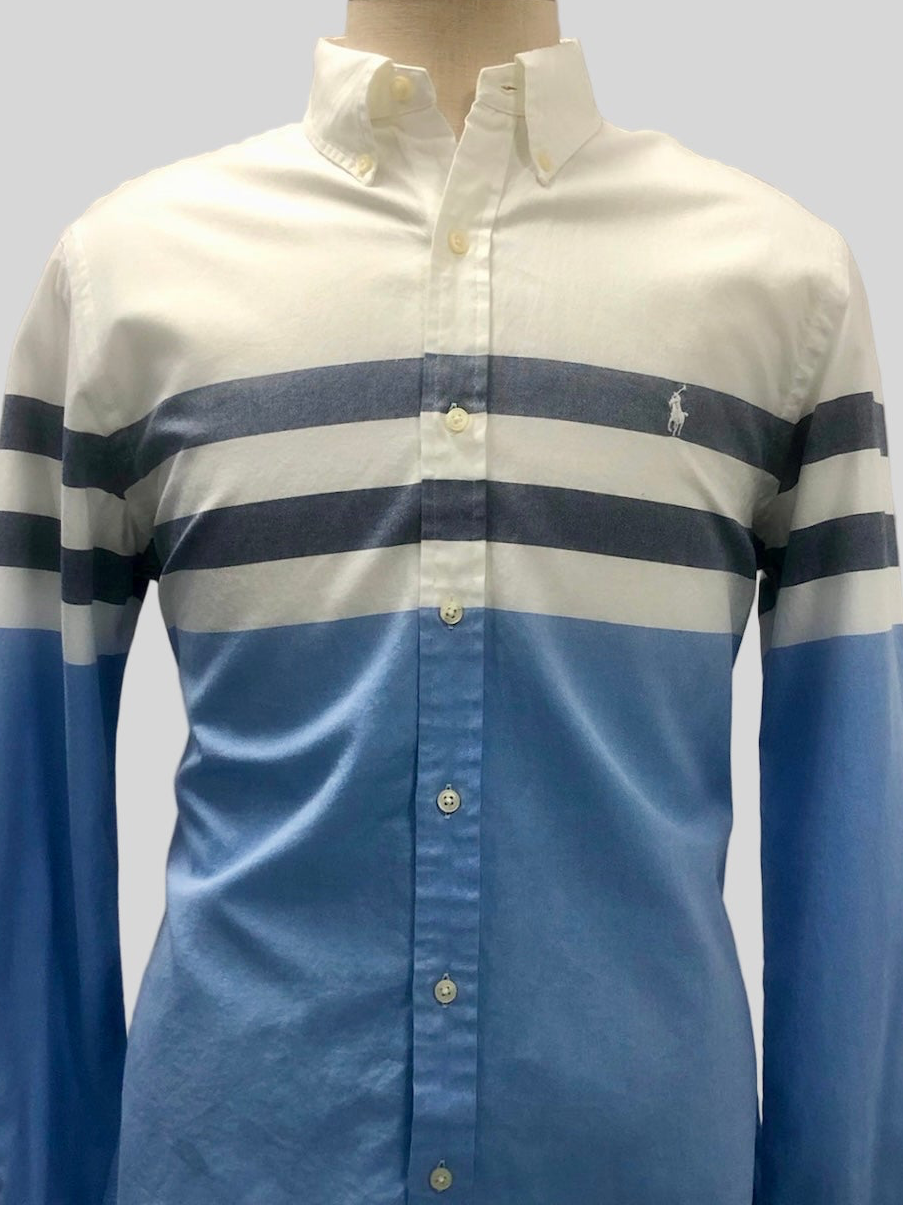 Camisa Polo Ralph Lauren 🏇🏼 color blanco con diseño de rayas en color azul y celeste Talla L Entalle Slim Fit