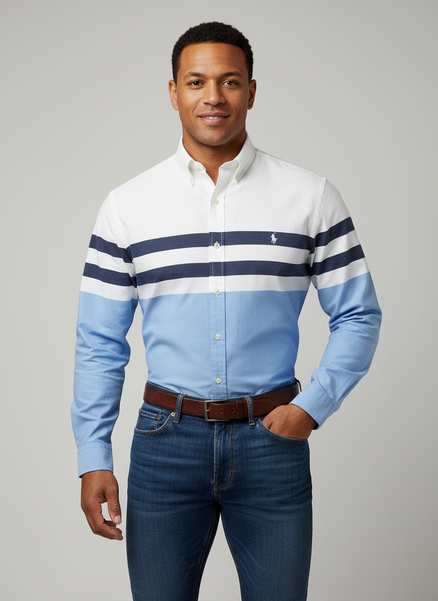 Camisa Polo Ralph Lauren 🏇🏼 color blanco con diseño de rayas en color azul y celeste Talla L Entalle Slim Fit