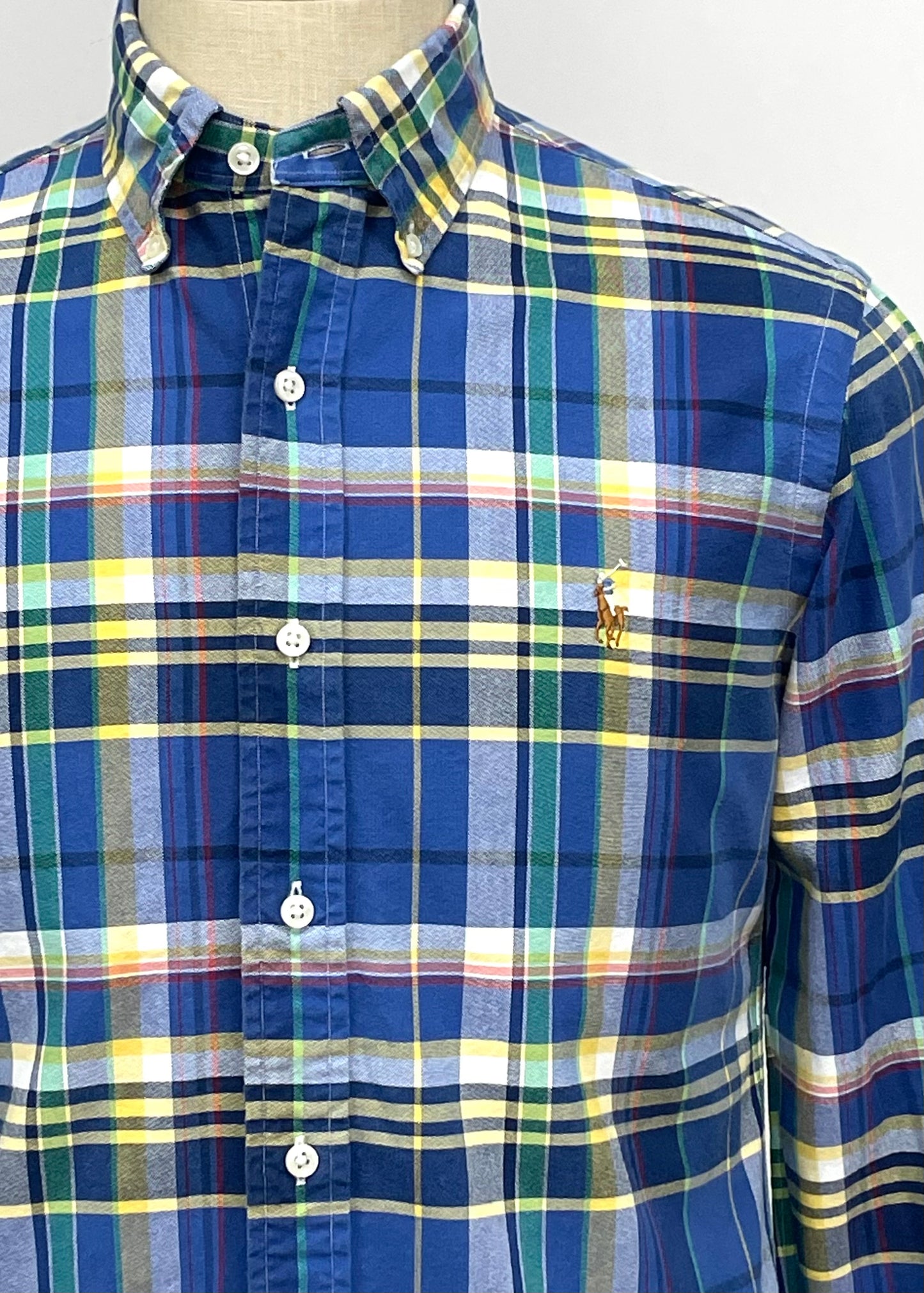 Camisa de botones Polo Ralph Lauren 🏇🏼 Oxford color azul de cuadros blanco, verde y amarillo Talla L Entalle Regular
