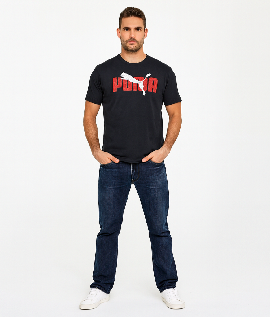 Camiseta cuello redondo Puma 🐆 color negro con el logo en rojo y blanco Talla L