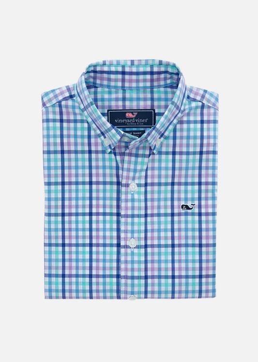 Camisa de botones Vineyard Vines 🐳 color blanco de cuadros en color morado, turquesa y azul Talla XL Entalle Clasico