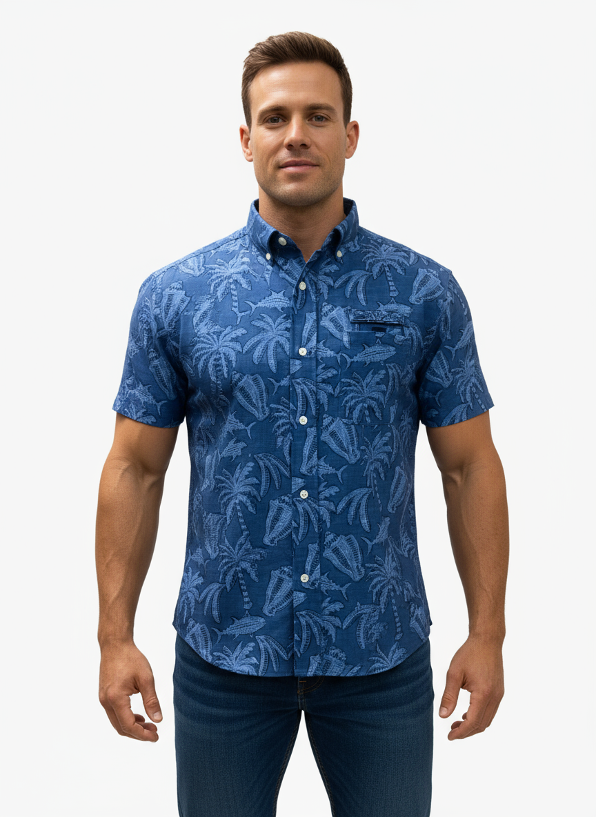 Camisa de botones Vineyard Vines 🐳 Modelo Harbor Color azul con diseño tropical Talla M Entalle regular